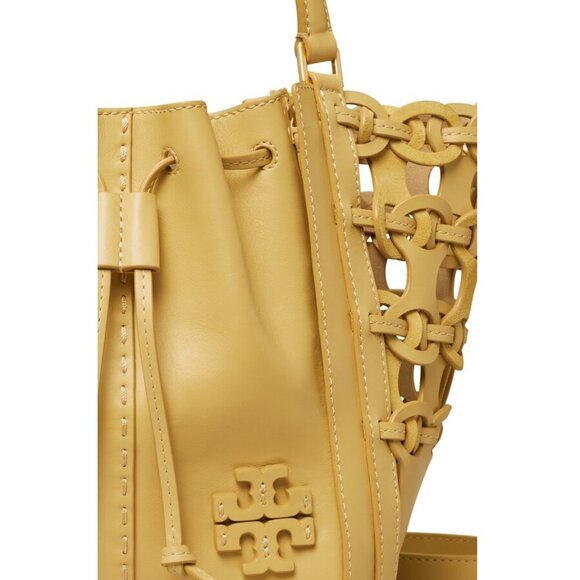 Excellent Tory Burch McGraw Die-Cut Dragonfly Drawstring Satchel tan yellow - Picture 3 of 16